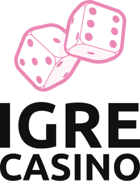 На главной странице размещен логотип «igre Casino»: две стилизованные розовые игральные кости над жирным текстом, написанным заглавными буквами. Кости наклонены и кажутся движущимися, на них видны точки.